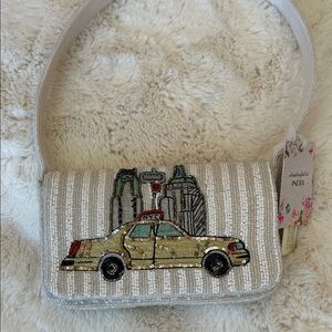 Embroidered NYC Girl  Beige and Gold Women's Bag